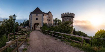 Winterhochzeit - Art der Location: Burg - Grub (Ruprechtshofen, Wieselburg-Land) - Burg Plankenstein, Einfahrt & Elfenturm - Burg Plankenstein