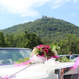 Hochzeitslocation: Unser Hochzeits auto gehört dazu .
Ein Licon Cadilac Cabrio mit Braut schmuck   - Schlosscafe Beuren & Cafe Konditorei / Hochzeits Location 