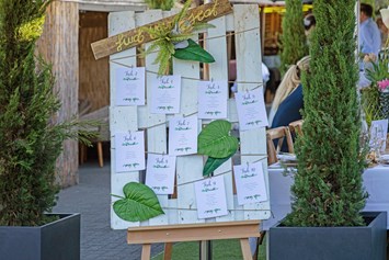 Hochzeitslocation: Find your seat Schild im Garten  - Unique Eventlocation