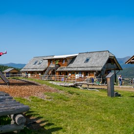 Hochzeitslocation: Almgasthaus in den Nockbergen mit riesigem Holz - Spielplatz - Hiasl Zirbenhütte