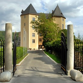 Hochzeitslocation: Blick vom Schlosstor zum Schloss - Schloss Steyregg